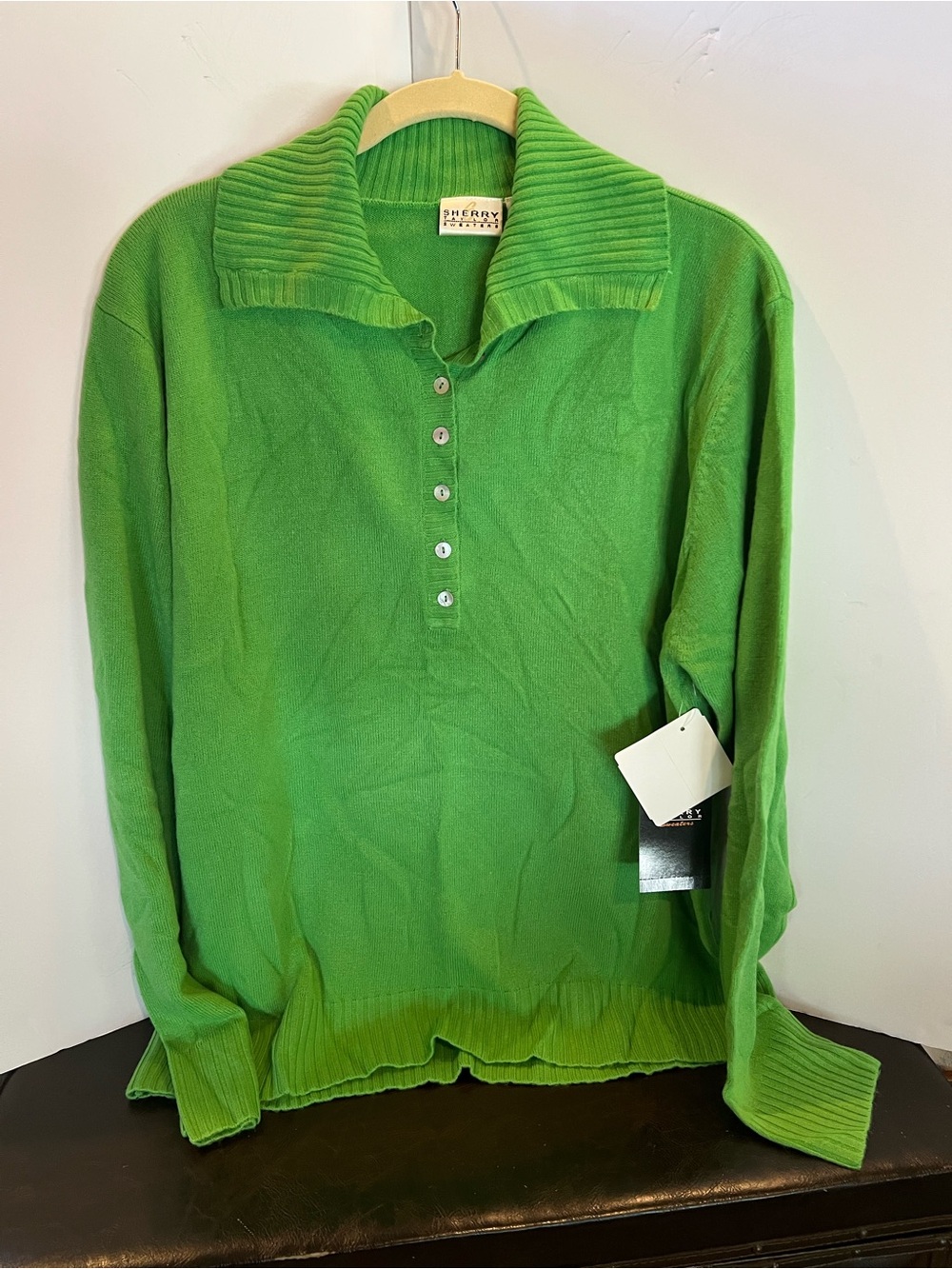 Bright Green Rib-Collar Button Pullover Sweater